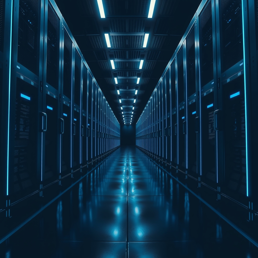 A long data center corridor at night with rows of dark cabinets and cool blue indicator light.