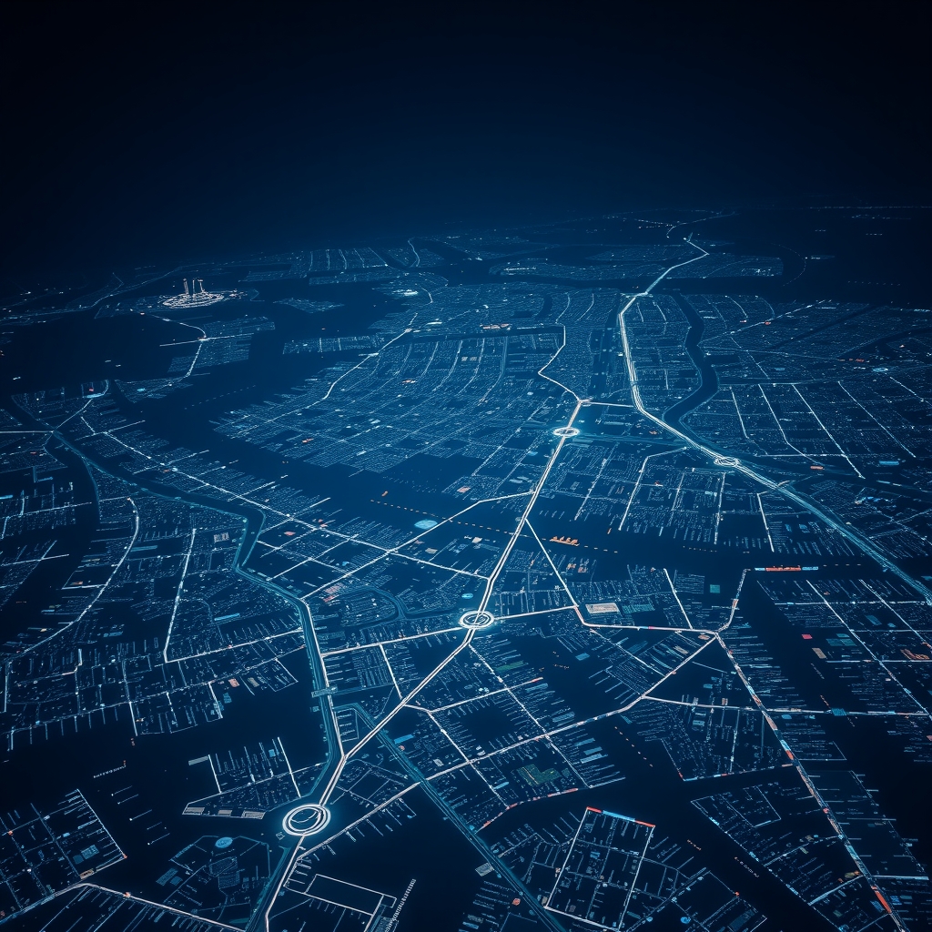Aerial night view of a city grid with lines of light connecting distant clusters, representing a settlement network spanning many counterparties.